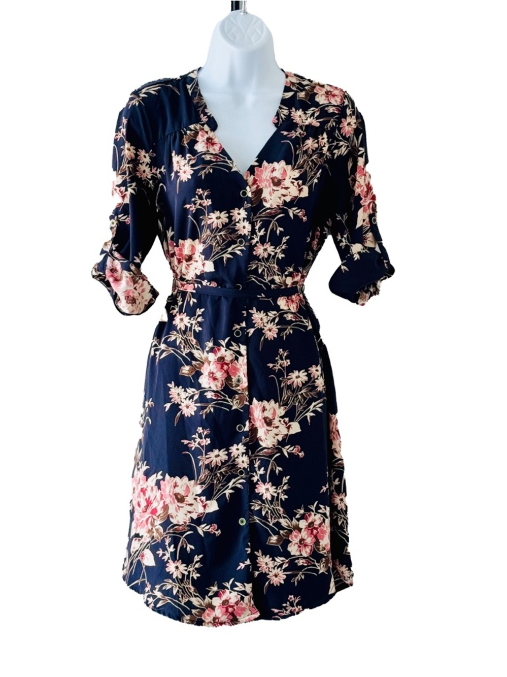 41 Hawthorne Navy Floral Button-Front Dress with Tie